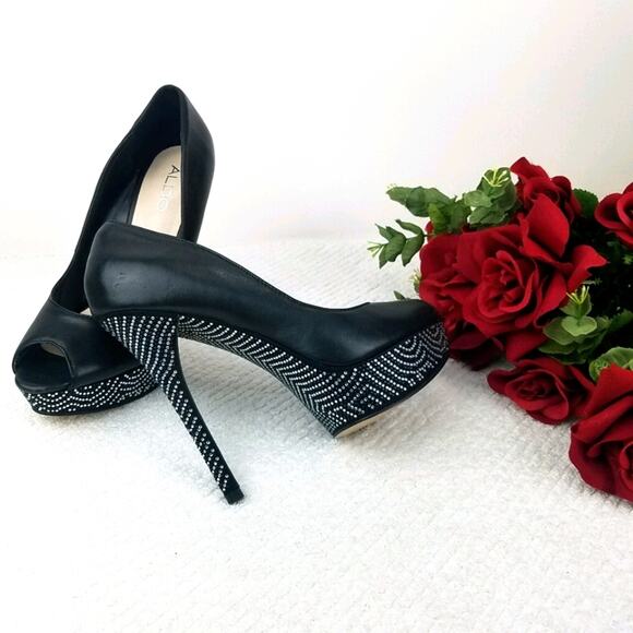 Aldo Platform Stiletto Pumps Size 8.5 Black Leather Rhinestones Peep Almond Toe - Picture 16 of 16